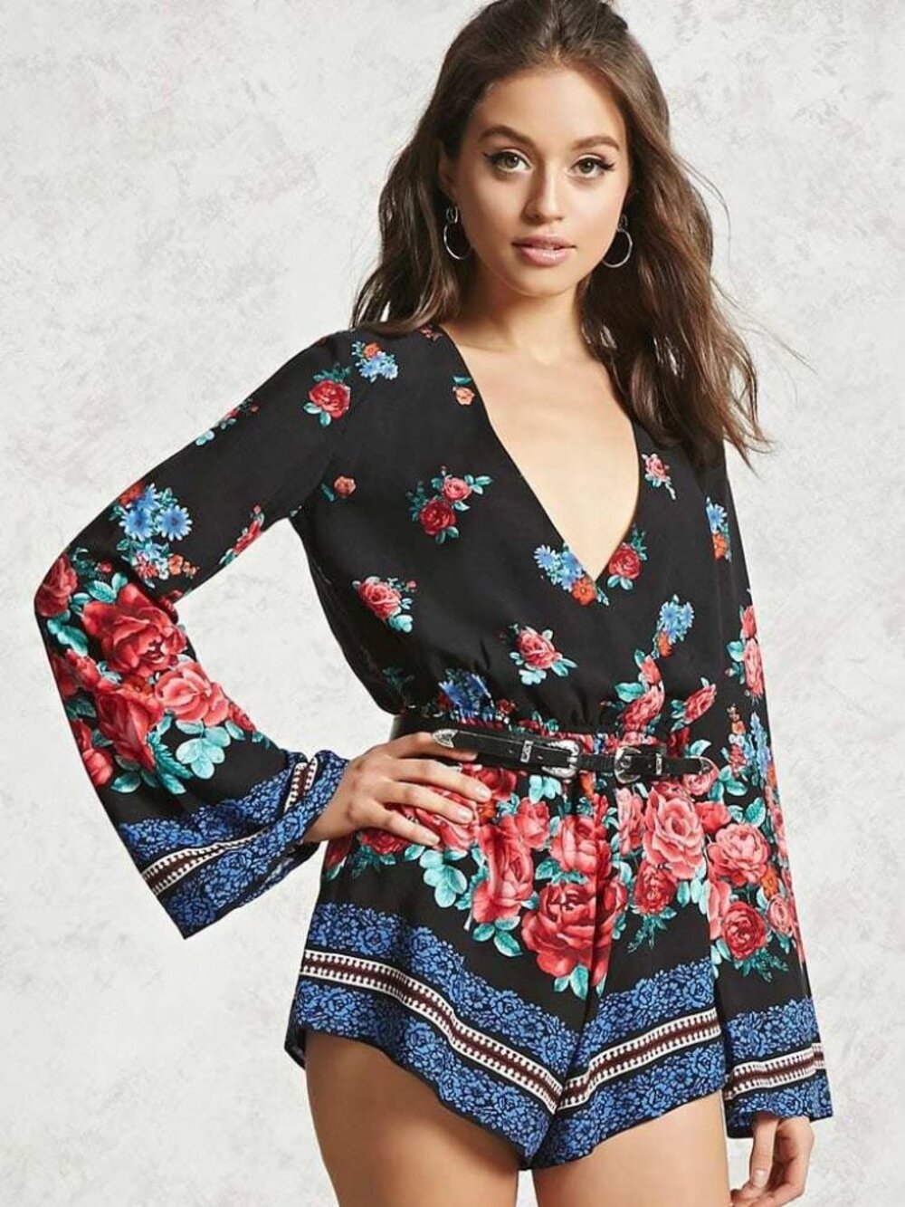 FOrever 21 Black Multi Ornate Floral Print Romper Small S